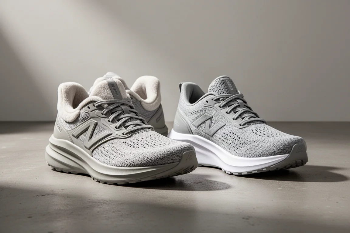 Two cushioned running shoes side by side on a concrete surface
