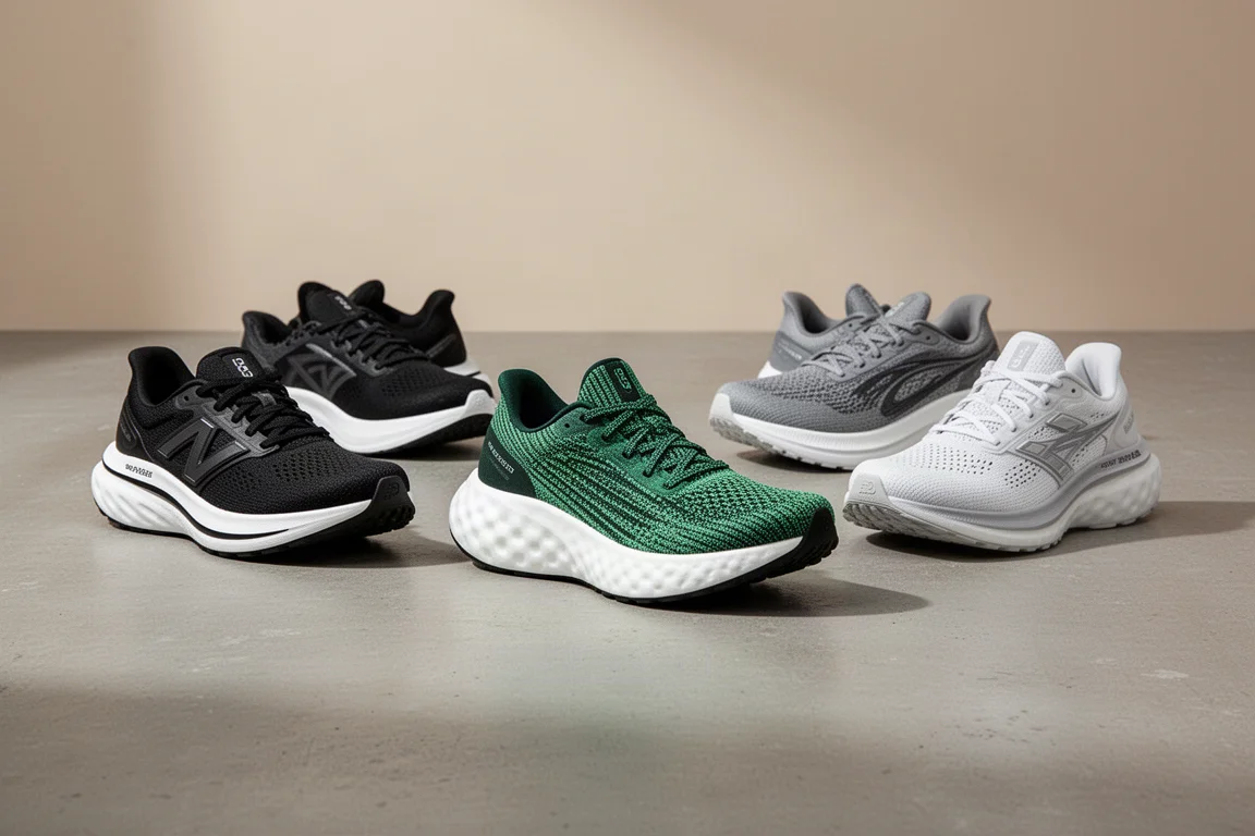 Five cushioned running shoes arranged on a concrete surface with a green-knit trainer at centre