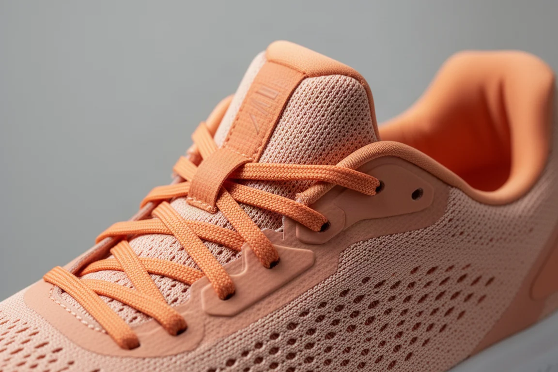Gros plan sur une languette matelassée à soufflet et les lacets d'une chaussure de running