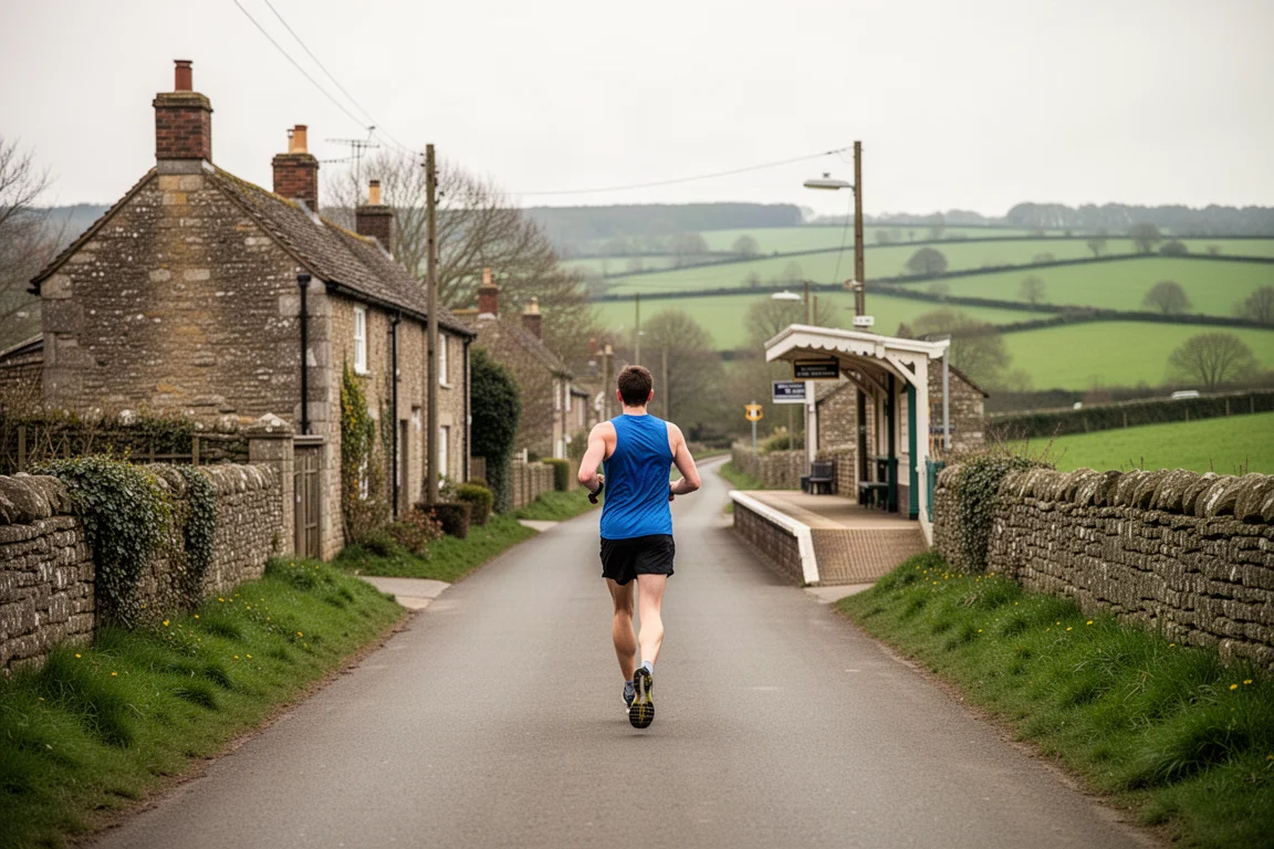 Coureur sur un chemin de campagne près d'une petite gare en lumière douce