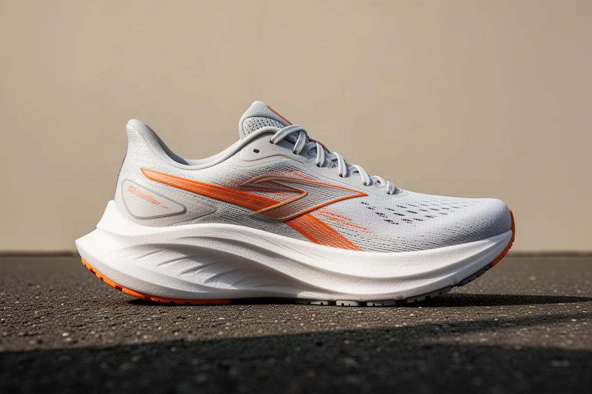 Vue de profil de la semelle intermédiaire d'une chaussure de running montrant son profil basculant large