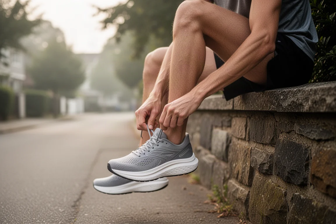 Läufer schnürt einen stark gedämpften Laufschuh in einer ruhigen Stadtstraße
