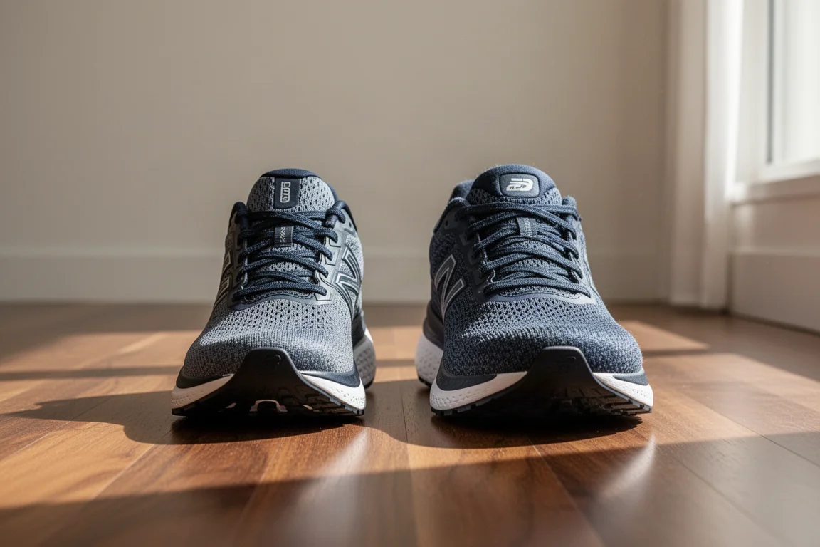 Paar gedämpfte Laufschuhe nebeneinander auf einem Holzboden
