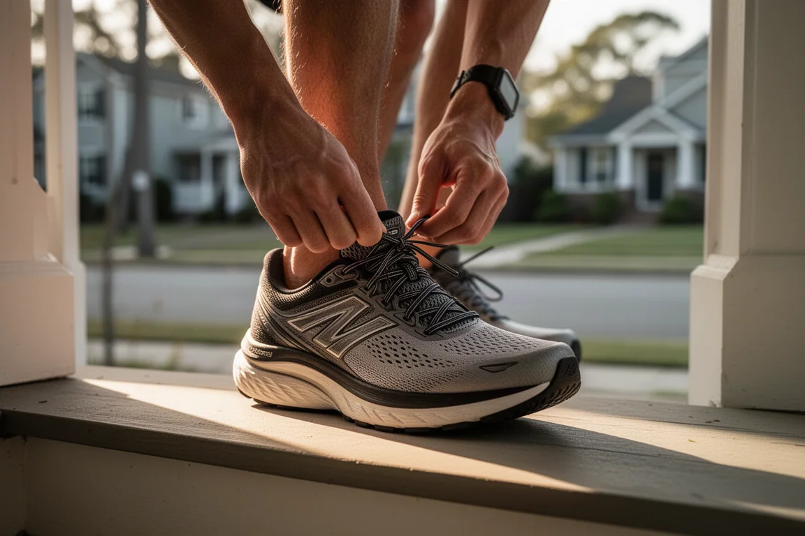 Corredor amarrando o cadarço de um tênis de corrida com sola grossa e amortecimento antes de um treino matinal