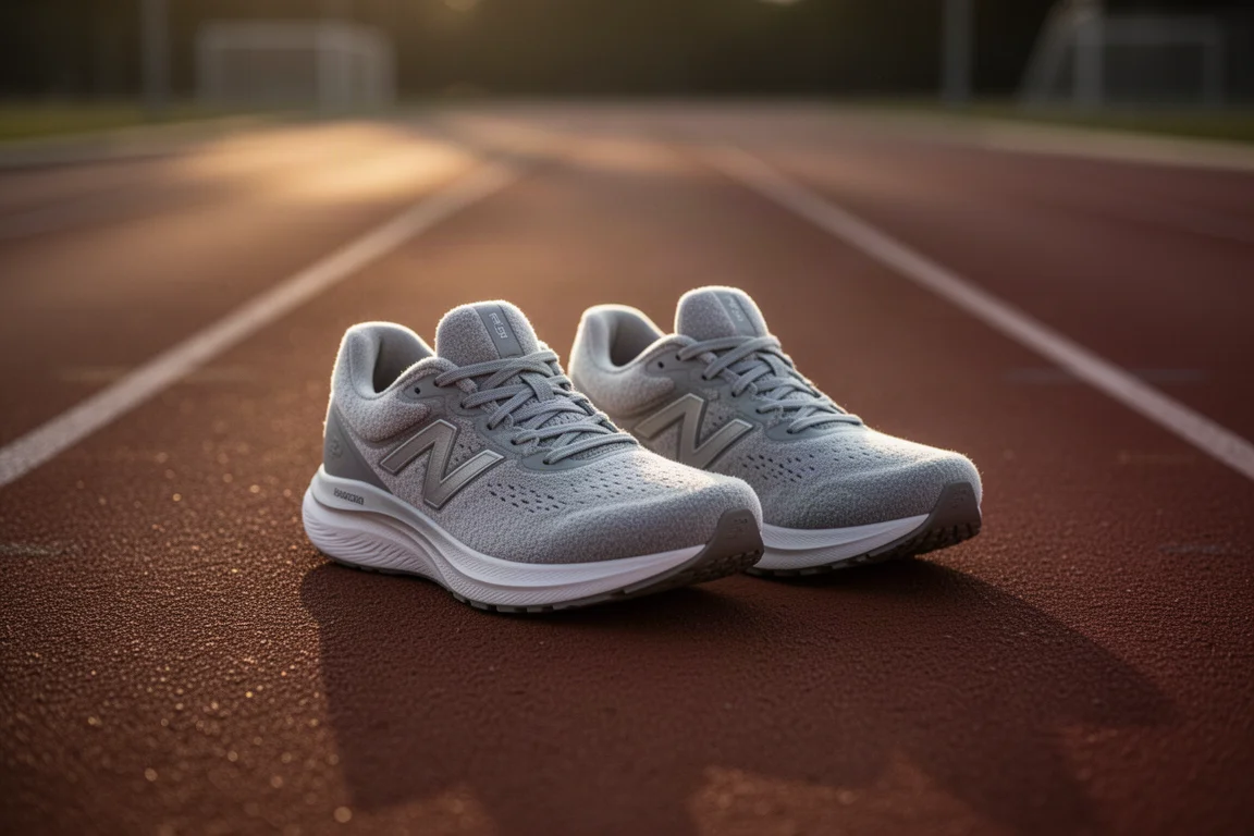 Par de tênis de corrida com amortecimento lado a lado em uma pista de corrida ao entardecer