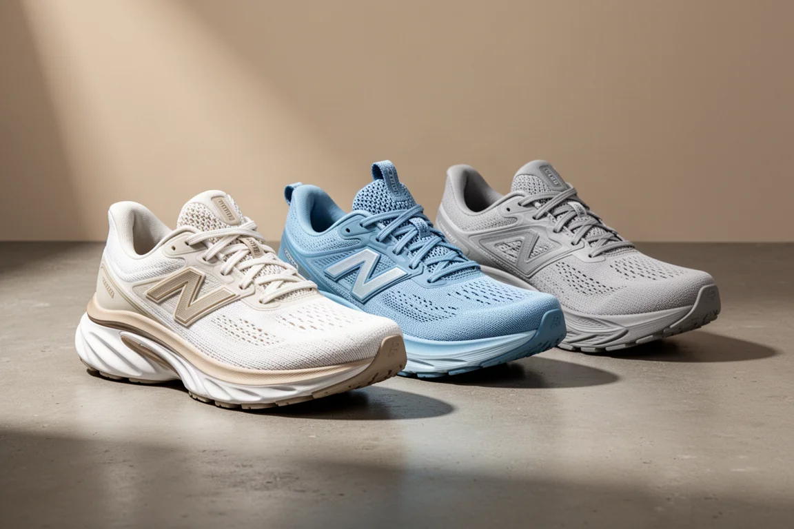 Three max cushion running shoes arranged in a row on a concrete surface