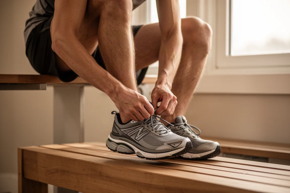 Hardloper die een paar dempende hardloopschoenen aan het strikken is bij een deuropening