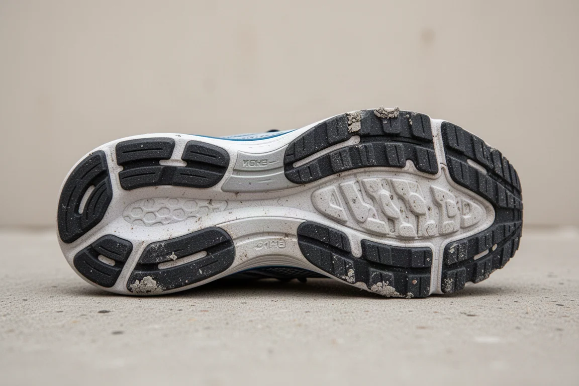 Close-up van de buitenzool van een hardloopschoen met rubberbedekking en slijtage