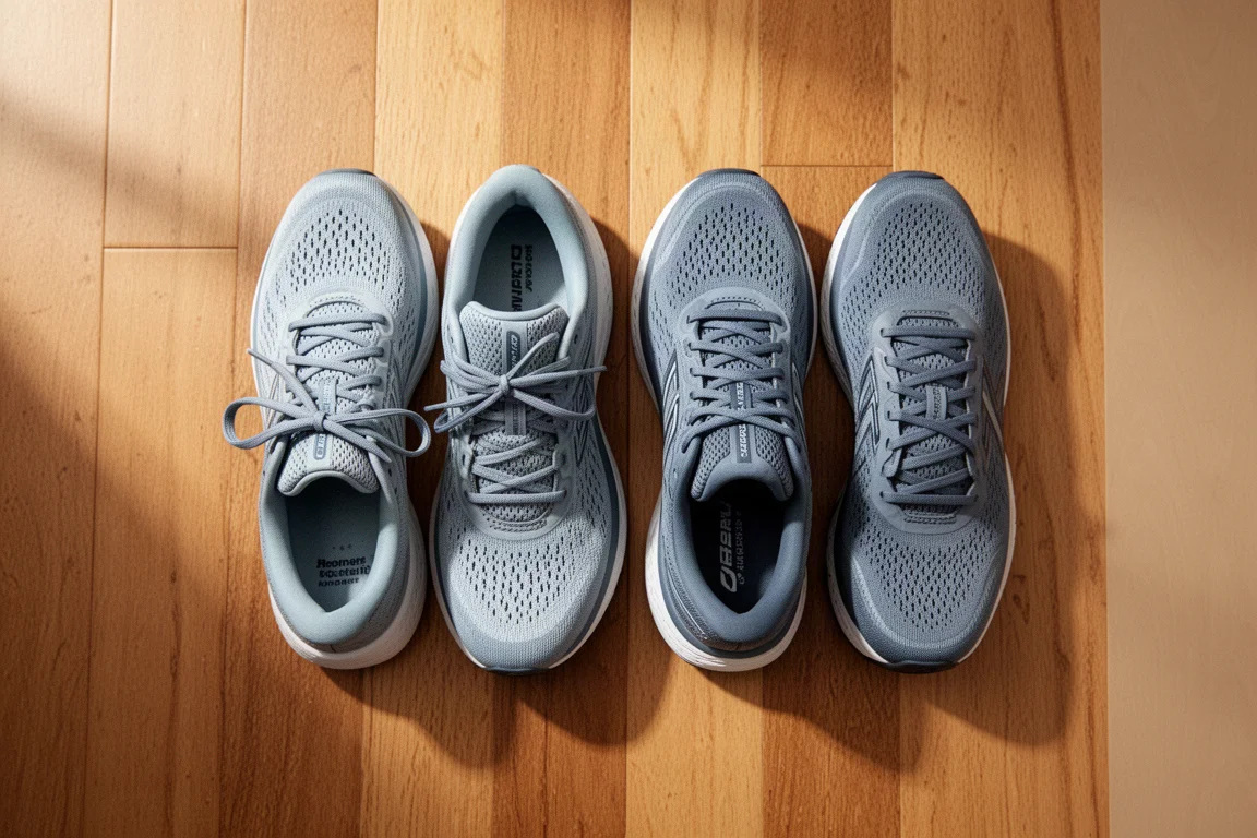 Zicht van boven op twee hardloopschoenen op een houten vloer