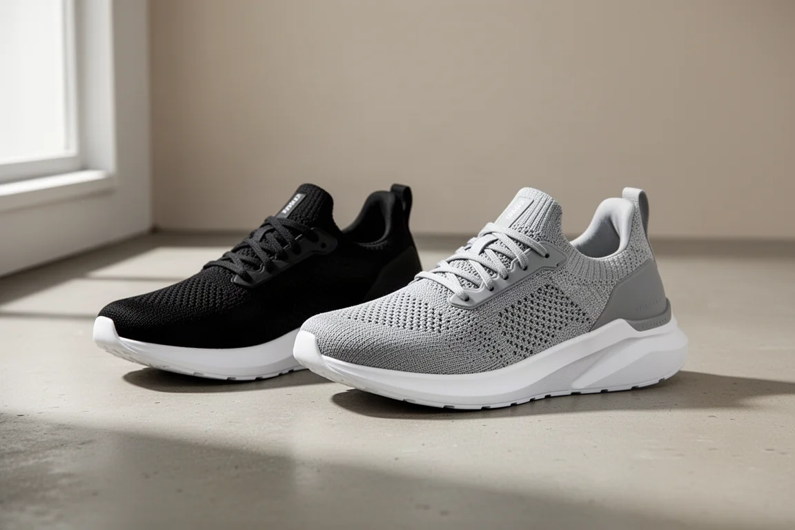 Two Saucony Triumph running shoes side by side on light concrete