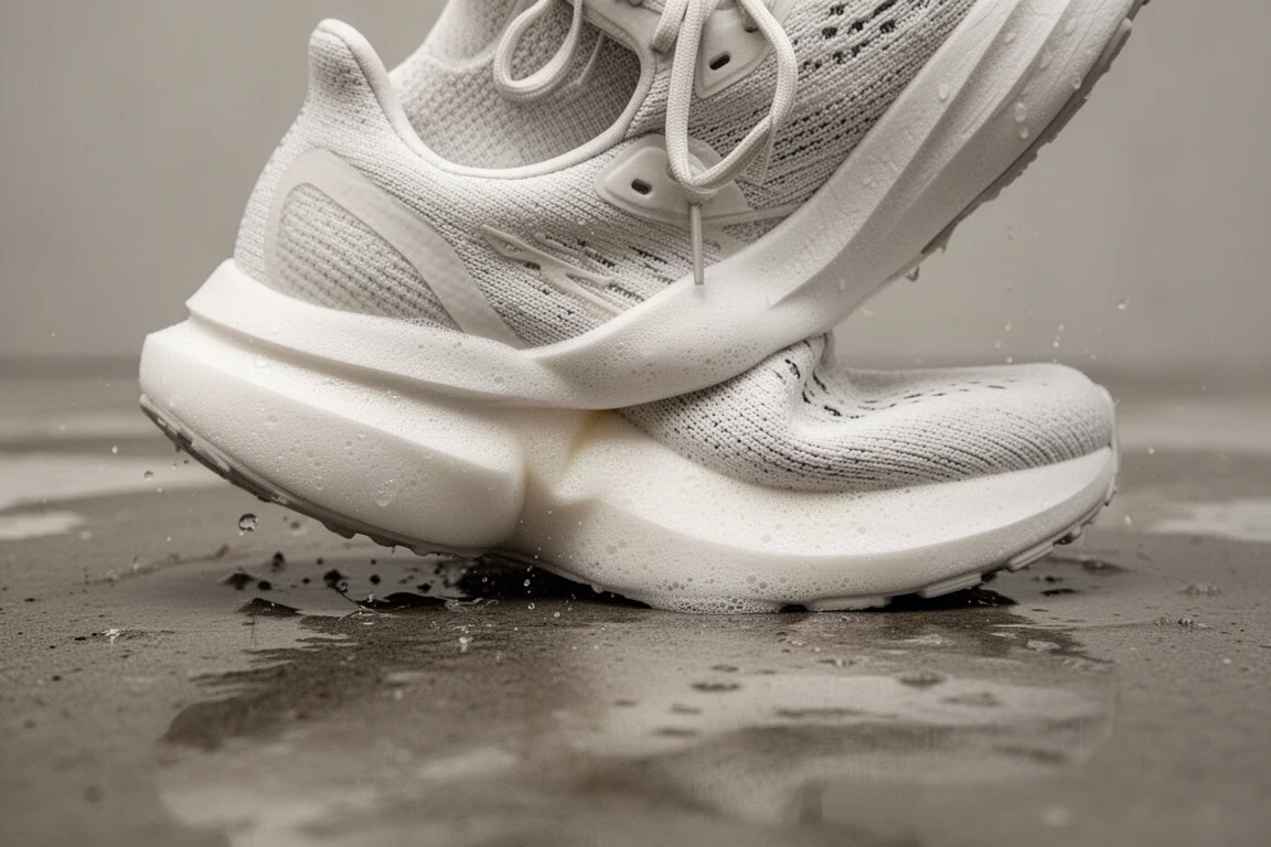 Primo piano di una midsole ammortizzata di una scarpa da running che si comprime su una superficie in cemento