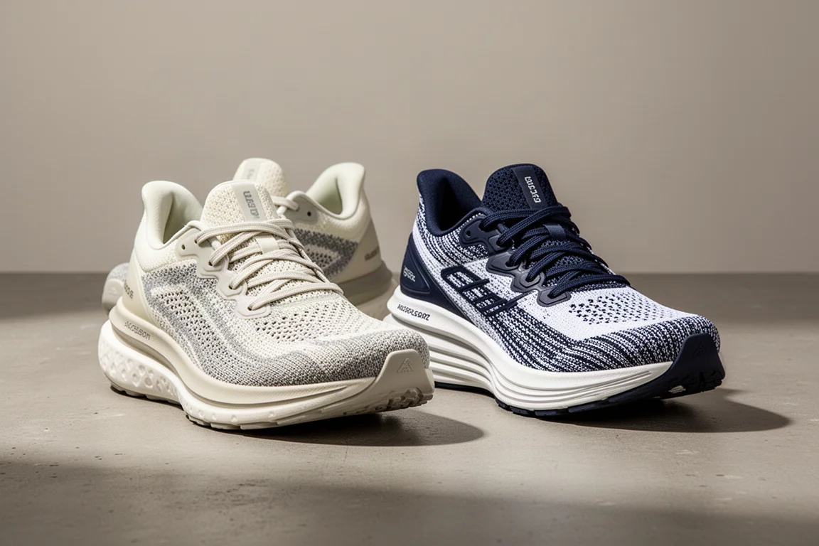Two cushioned running shoes side by side on a concrete surface