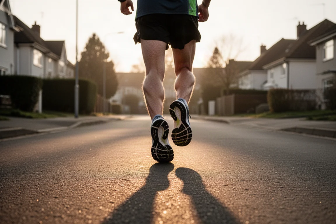 Un coureur boucle ses miles tôt le matin dans des rues de banlieue paisibles