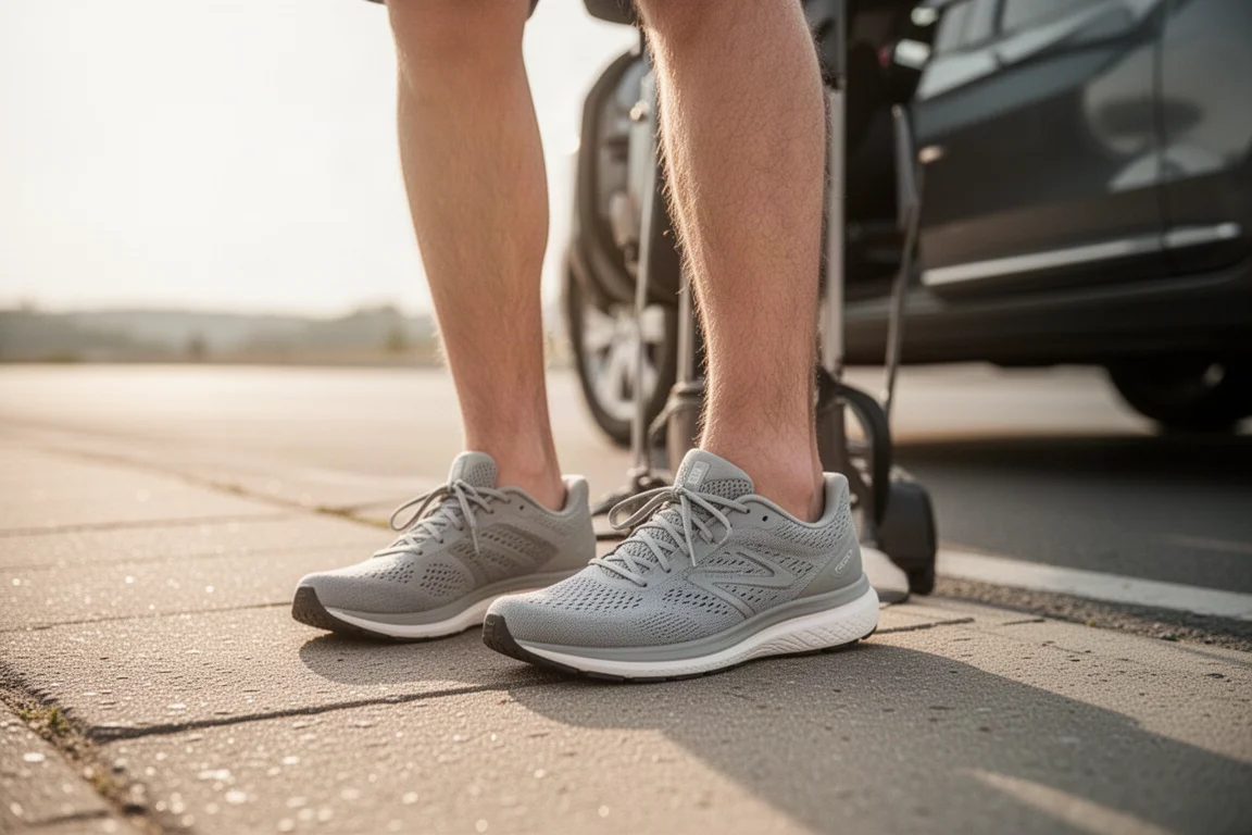 Chaussure de running portée lors d'une pause au cours d'un road trip