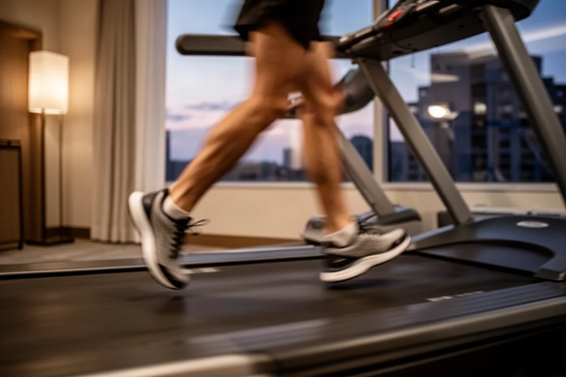 Coureur sur un tapis roulant dans une salle de sport d'hôtel pendant un entraînement du soir