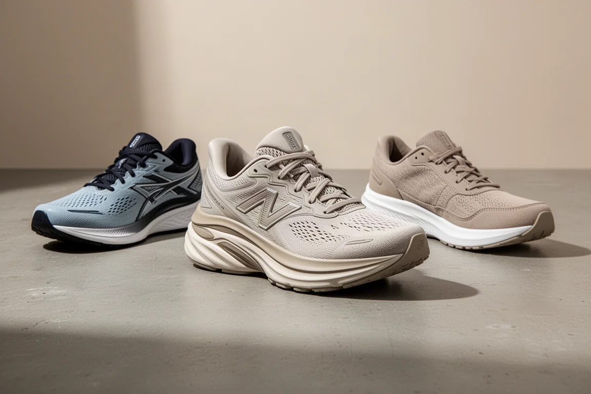 Three running shoes arranged side by side on a concrete surface