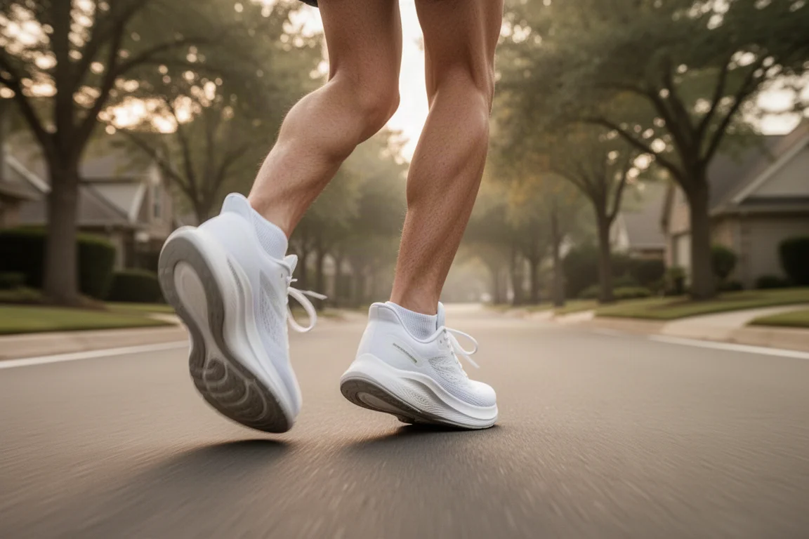 Füße eines Läufers in gedämpften Laufschuhen auf einer ruhigen, von Bäumen gesäumten Straße