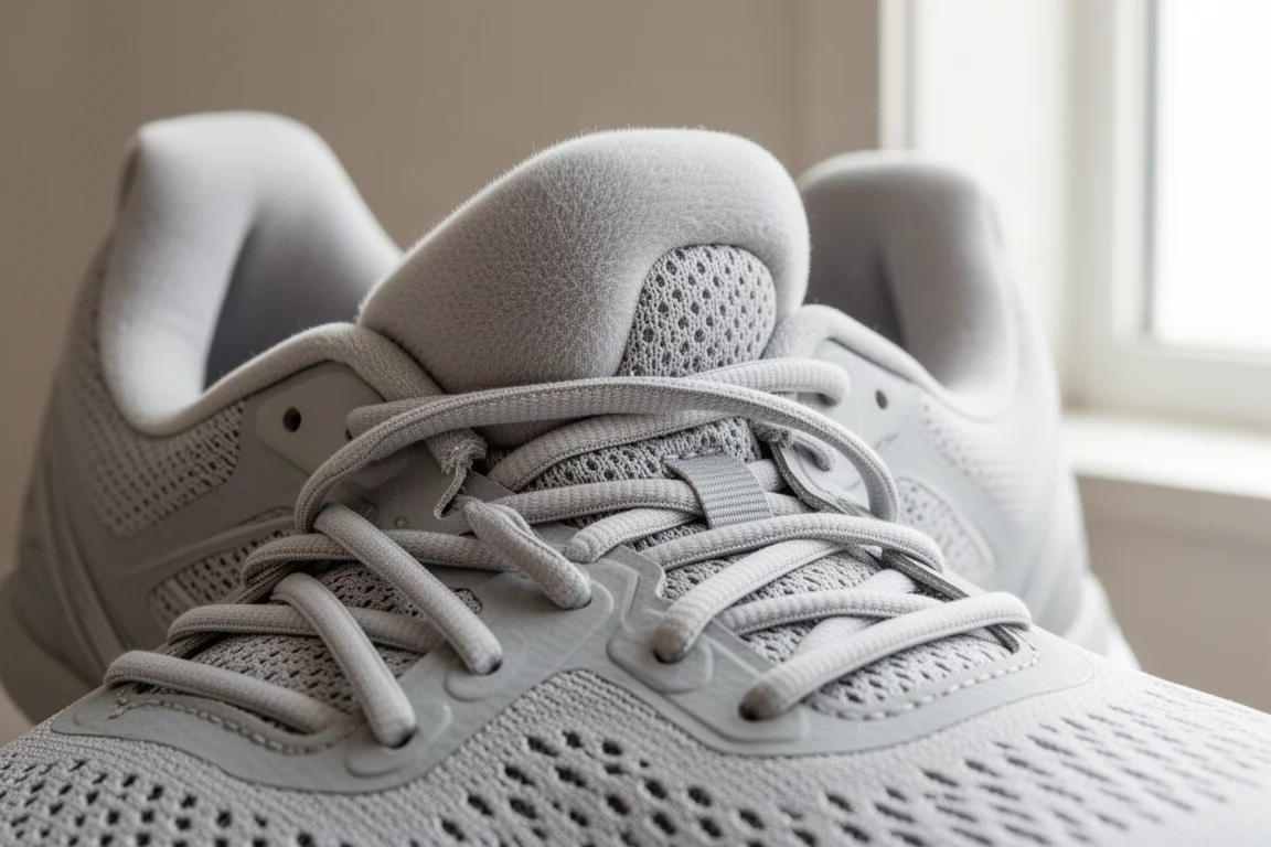 Nahaufnahme einer dick gepolsterten, mit Stoff überzogenen Zunge an einem Laufschuh