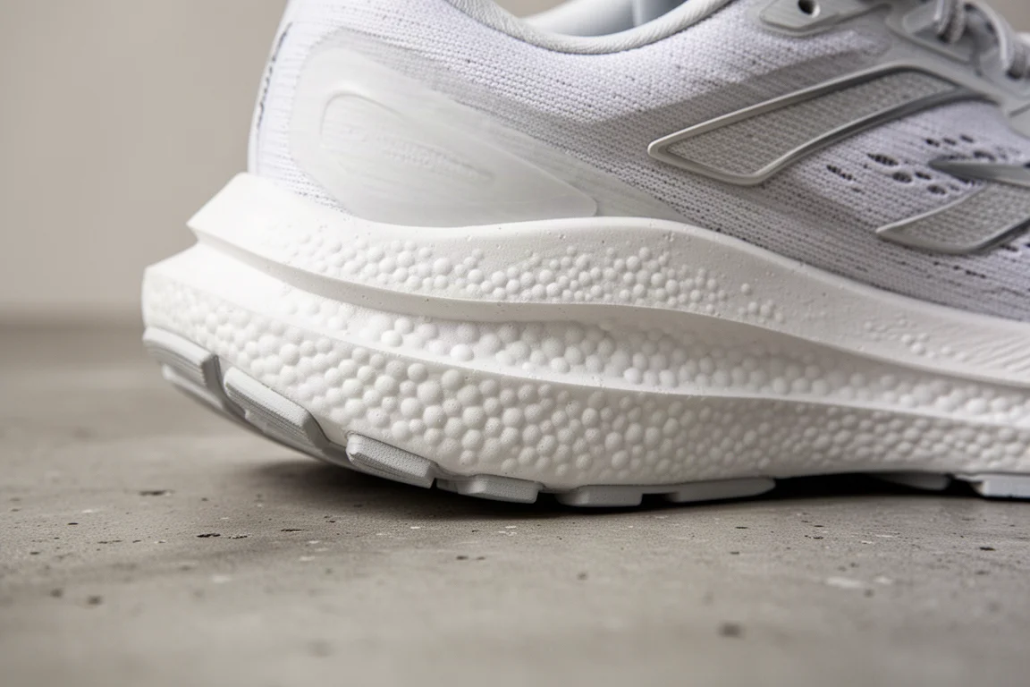 Nahaufnahme einer gedämpften Laufschuh-Zwischensohle mit dickem Schaum und geschwungener Rocker-Form