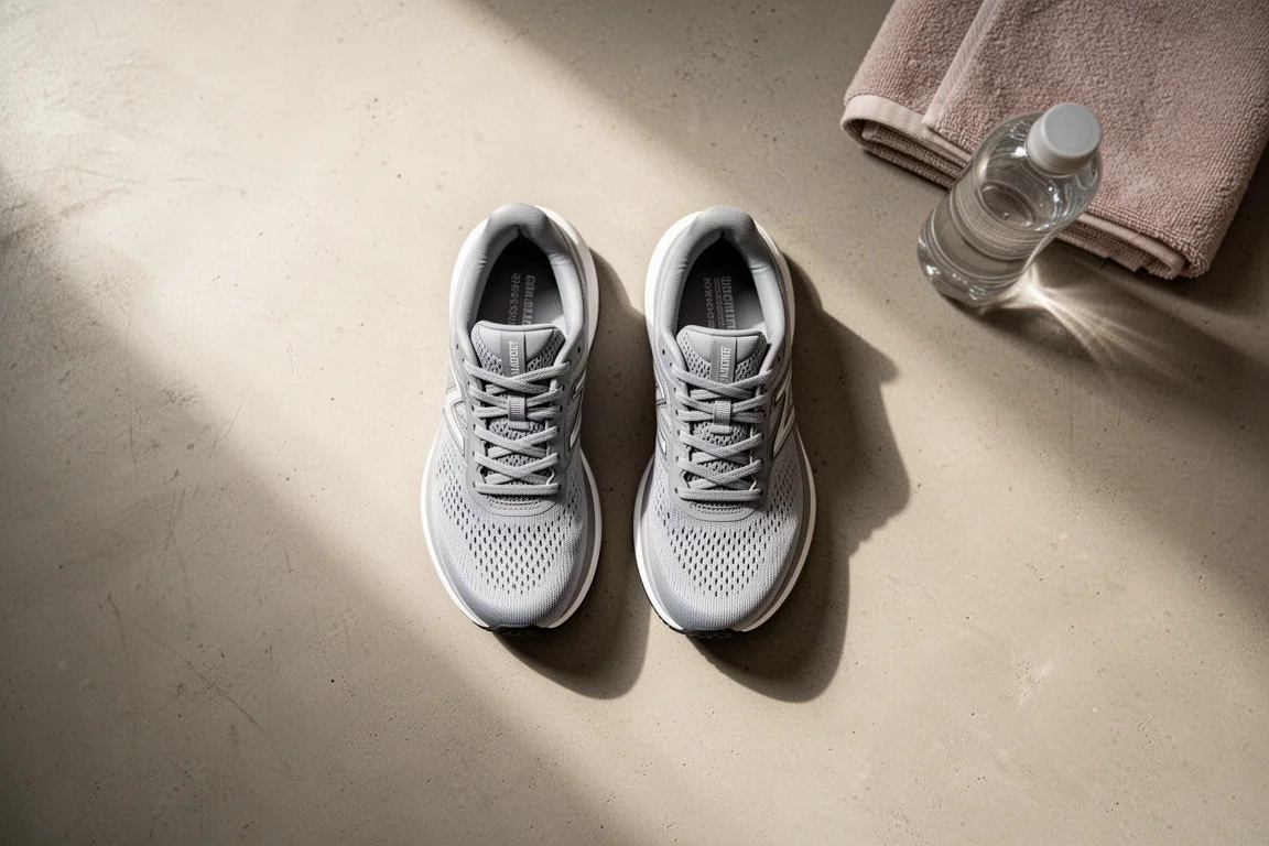 Coppia di scarpe da running ammortizzate sul pavimento accanto all'attrezzatura di un corridore