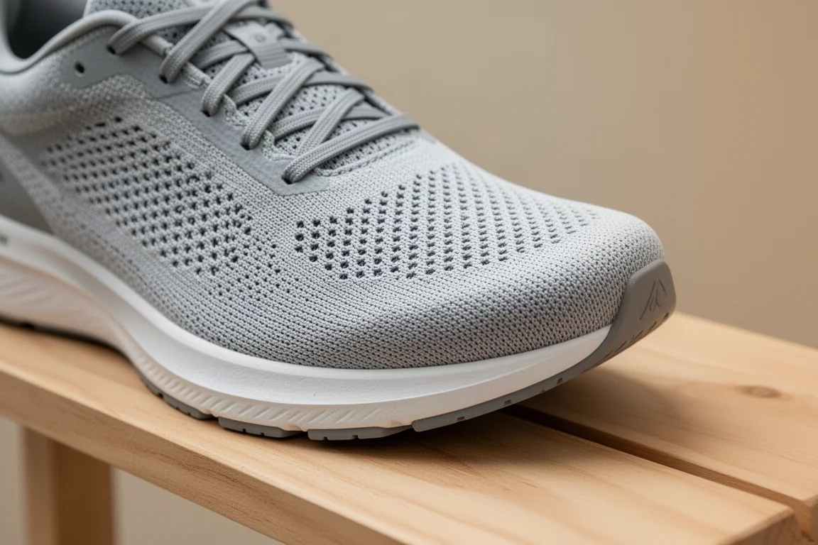 Dettaglio di una tomaia in maglia di una scarpa da running con larghezza dell'avampiede e spazio per le dita