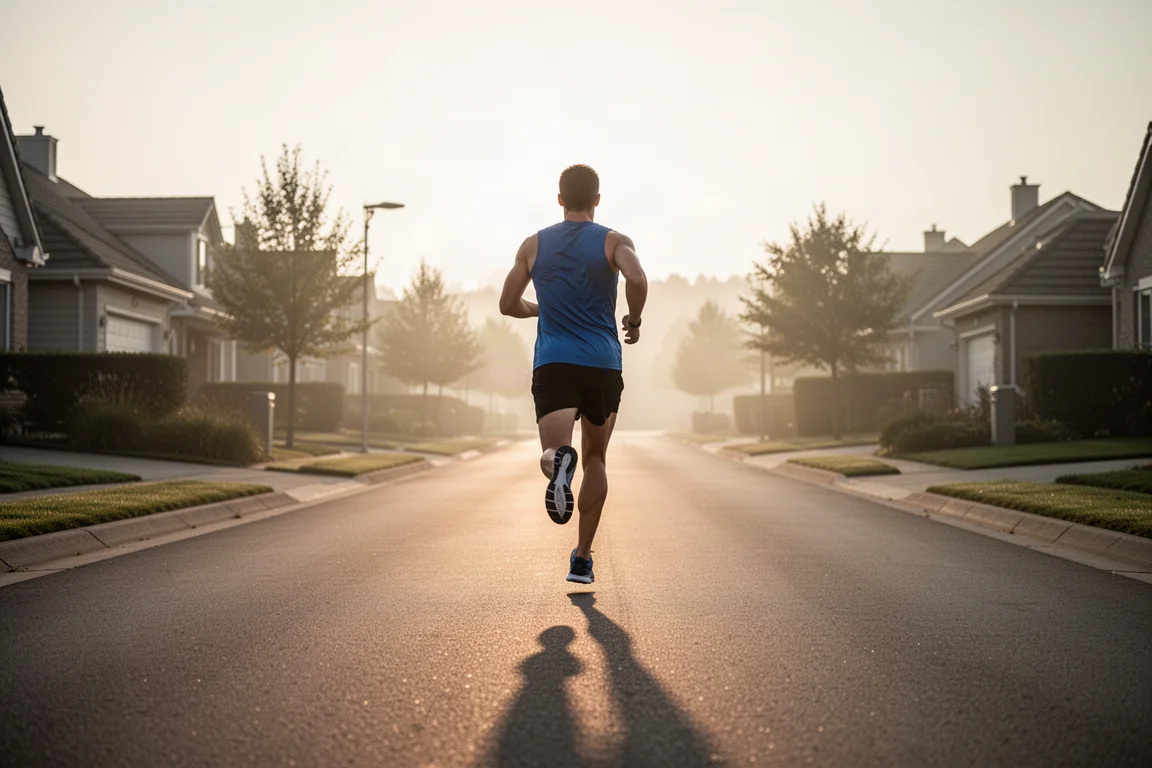 Läufer beim lockeren Straßenlauf im weichen Morgenlicht