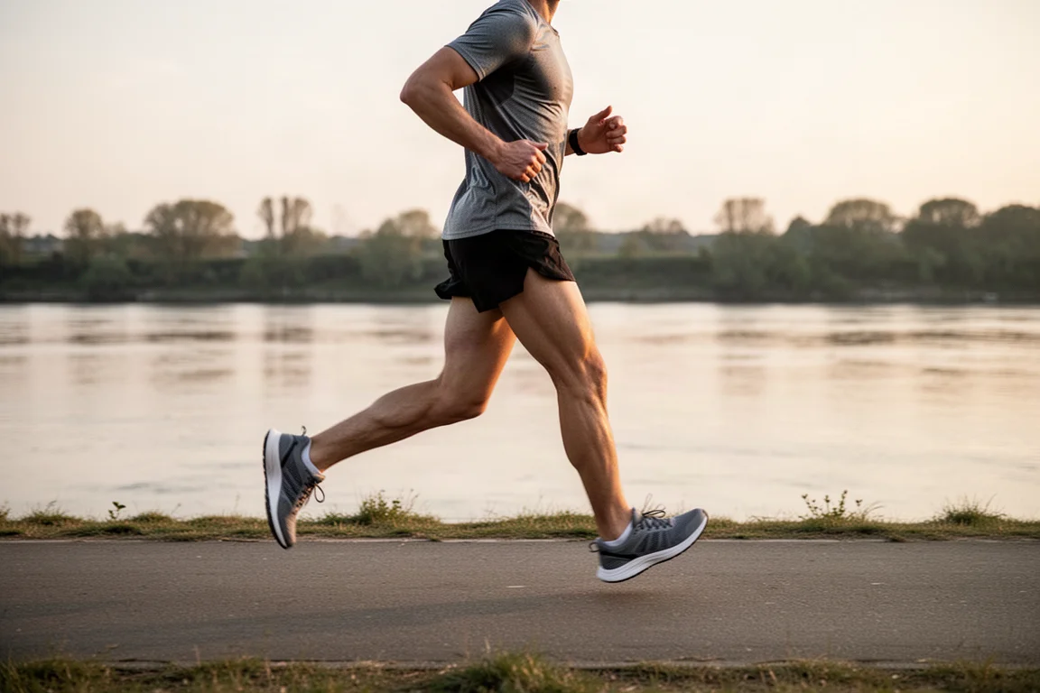 Läufer auf einem flachen Uferweg bei einem Regenerationslauf