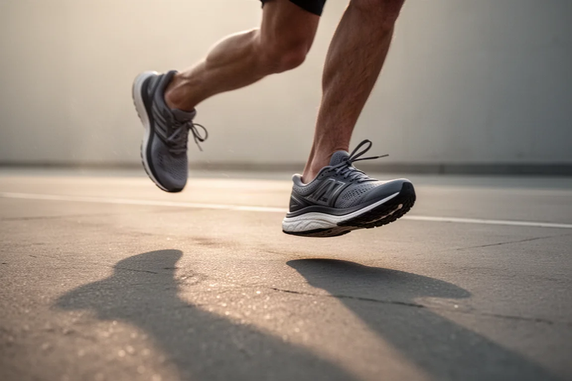 Pieds d'un coureur en pleine foulée sur une route lisse dans une douce lumière matinale