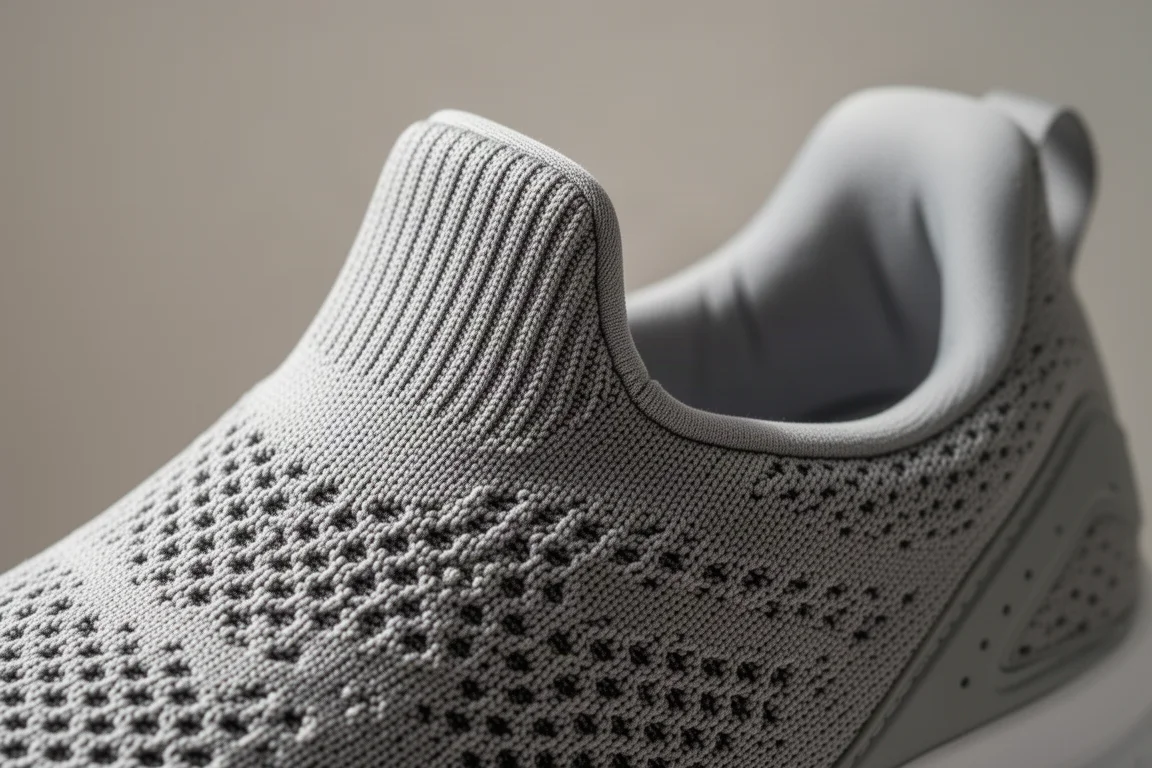 Gros plan sur une tige de chaussure de running en mesh sandwich moelleux montrant la texture tricotée