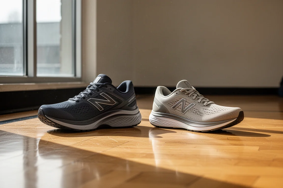 Deux chaussures de running côte à côte sur le sol d'une salle de sport sous une lumière naturelle