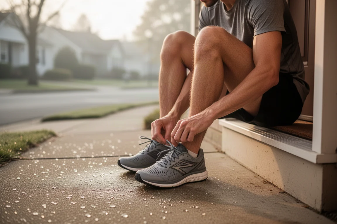 Runner lacing up a pair of everyday running shoes on a doorstep in early morning light