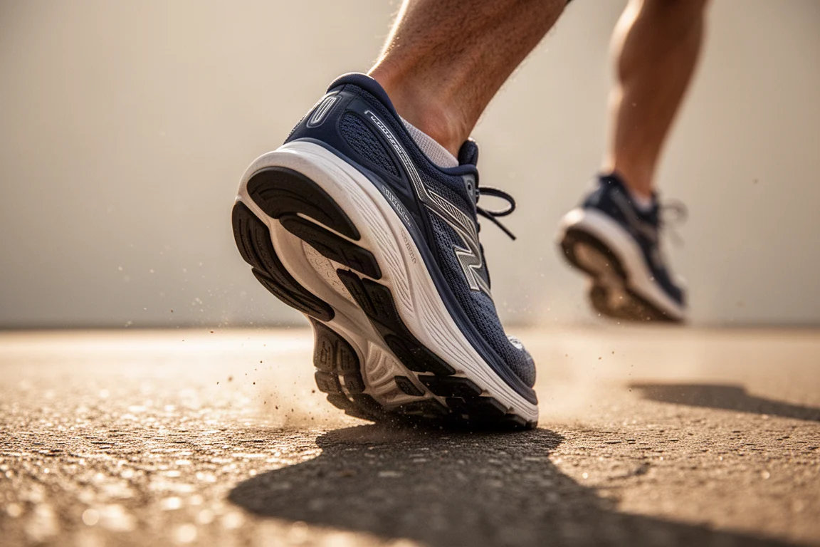 Close-up of a running shoe midsole compressing under a runner's heel on warm asphalt