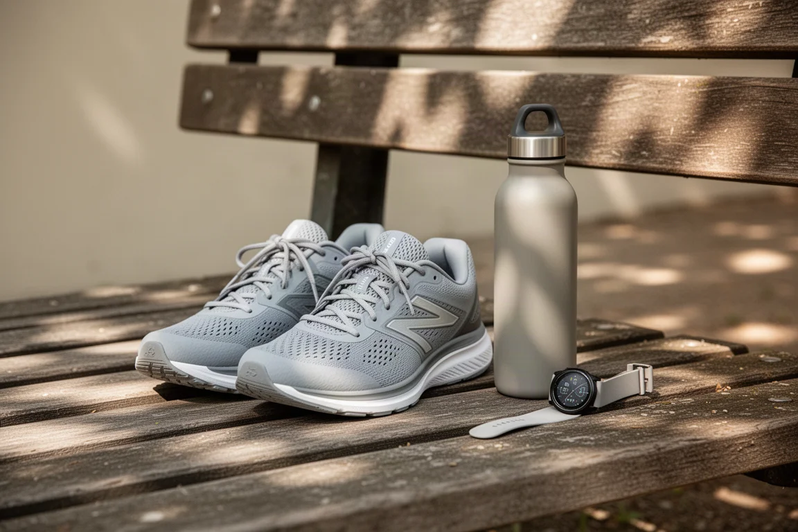 Pair of running shoes placed beside a water bottle and watch on a park bench after a run