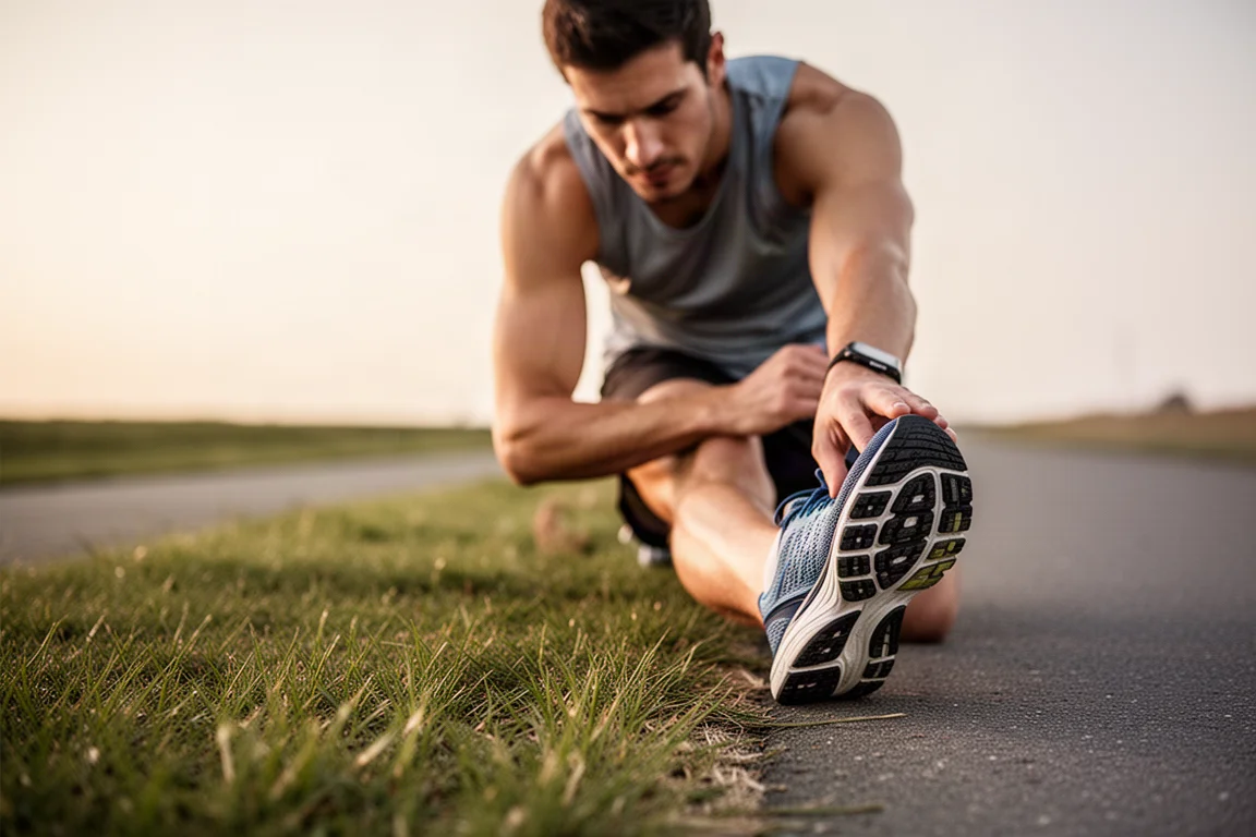 Runner stretching on a trail after an easy pace run with running shoes in view