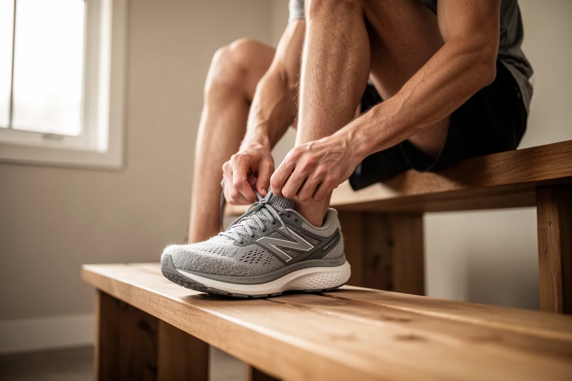 Close-up of a thick white running shoe midsole compressing on smooth pavement