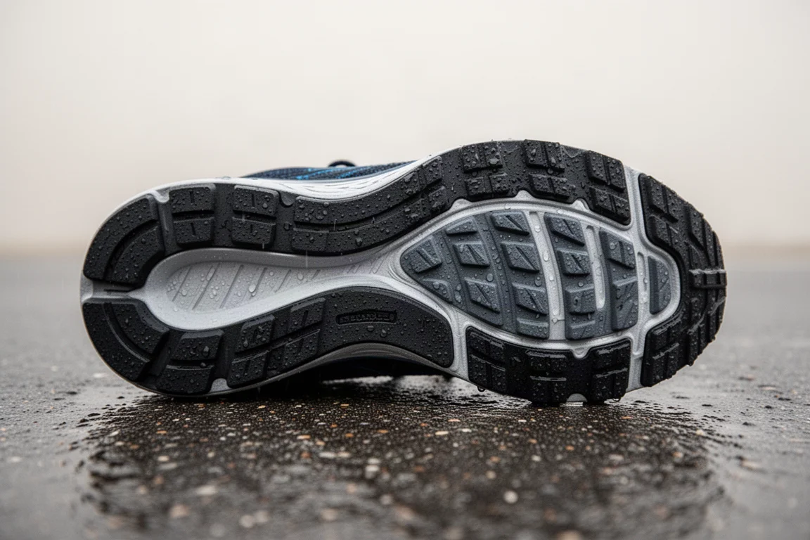 Cushioned running shoe on a wooden floor beside a window