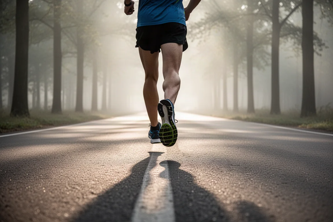 Un runner accumula chilometri easy su una strada tranquilla alberata nella soffice luce del mattino