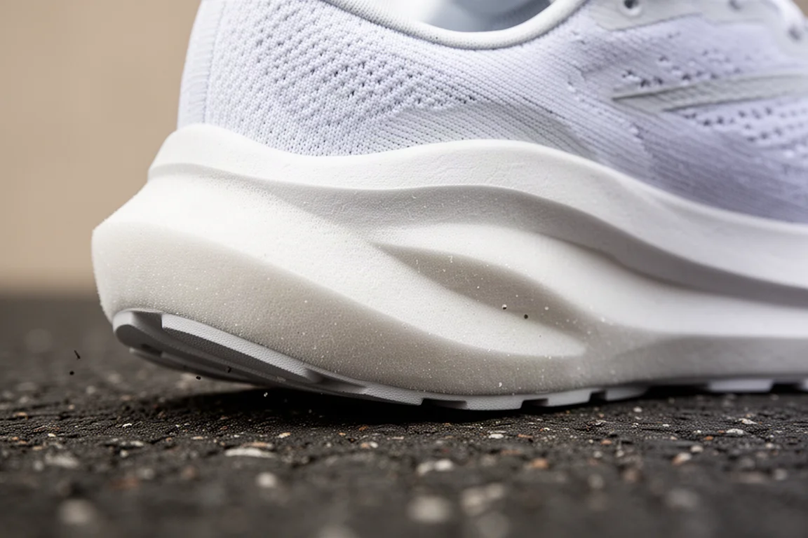 Primo piano dell'intersuola morbida e ammortizzata di una scarpa da running che si comprime sull'asfalto