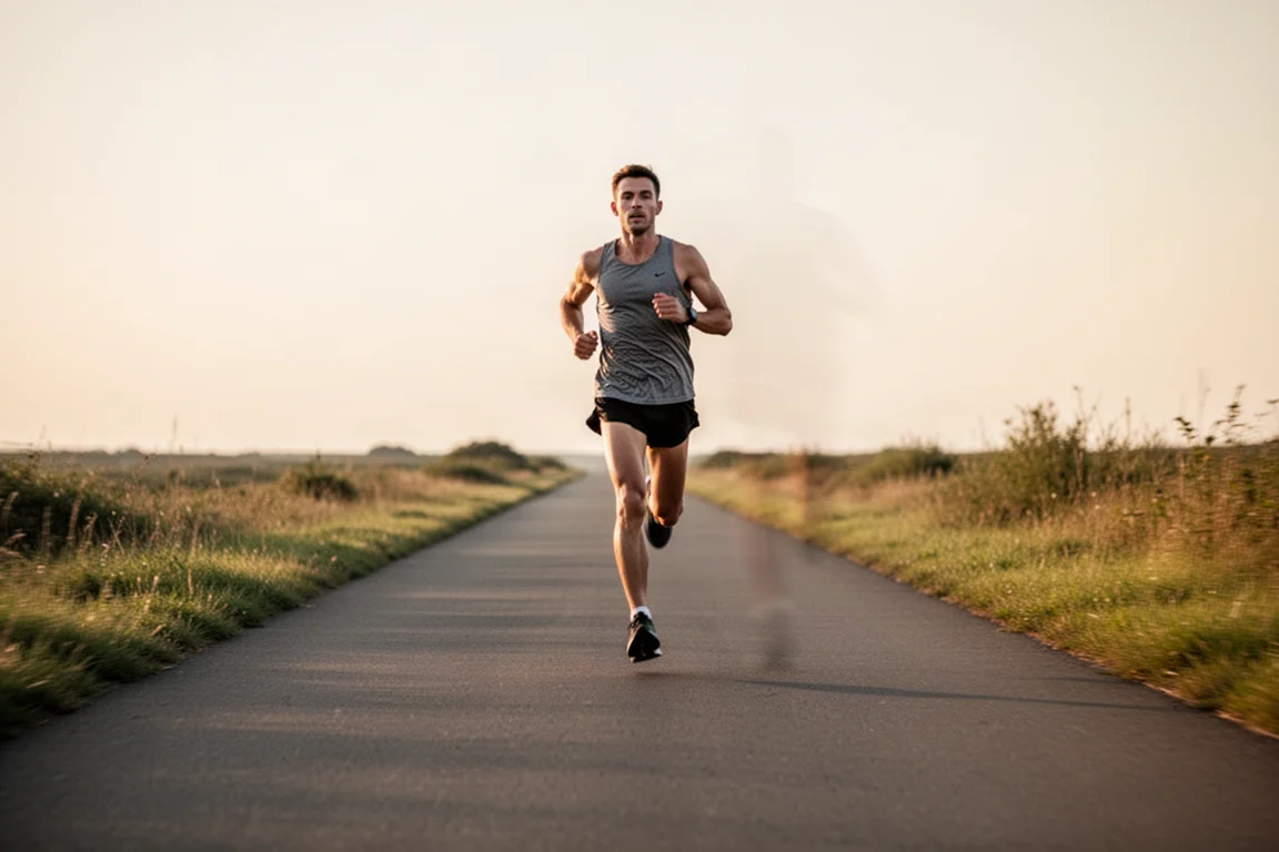 Runner a metà falcata su un lungo viale lastricato durante un allenamento easy in preparazione alla maratona