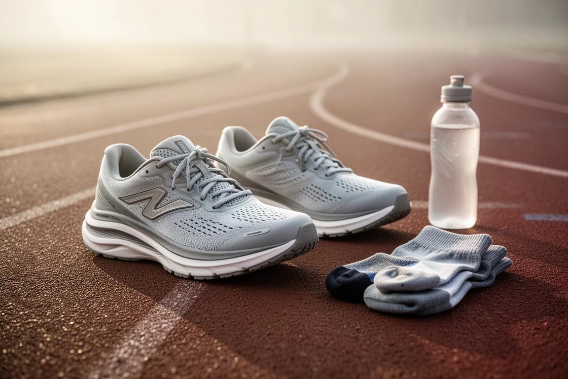 Twee gecushionde hardloopschoenen op een atletiekbaan met bidons in de buurt