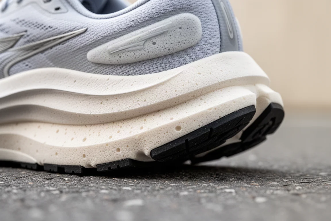 Close-up van een dikke gecushionde tussenzool van een hardloopschoen op asfalt