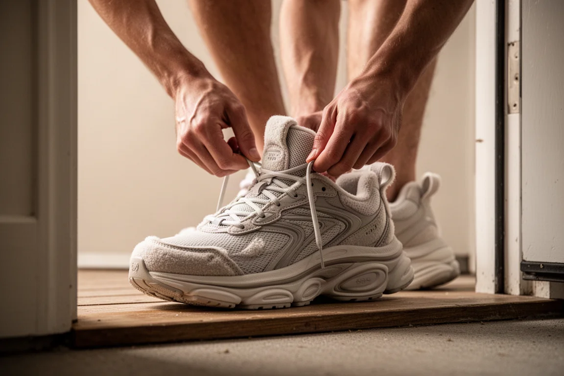 Hardloper die de veters strikt van een pluche hardloopschoen bij een voordeur