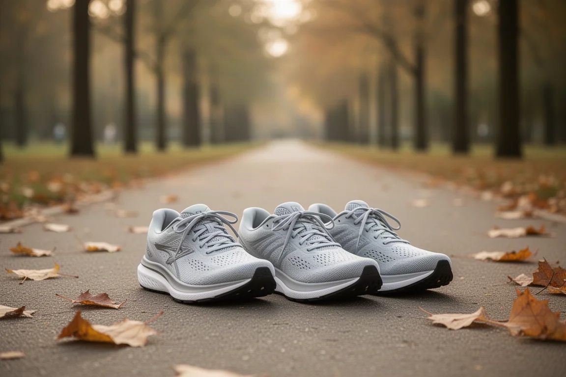 Gecushionde hardloopschoenen naast een pad in het park na een lange run