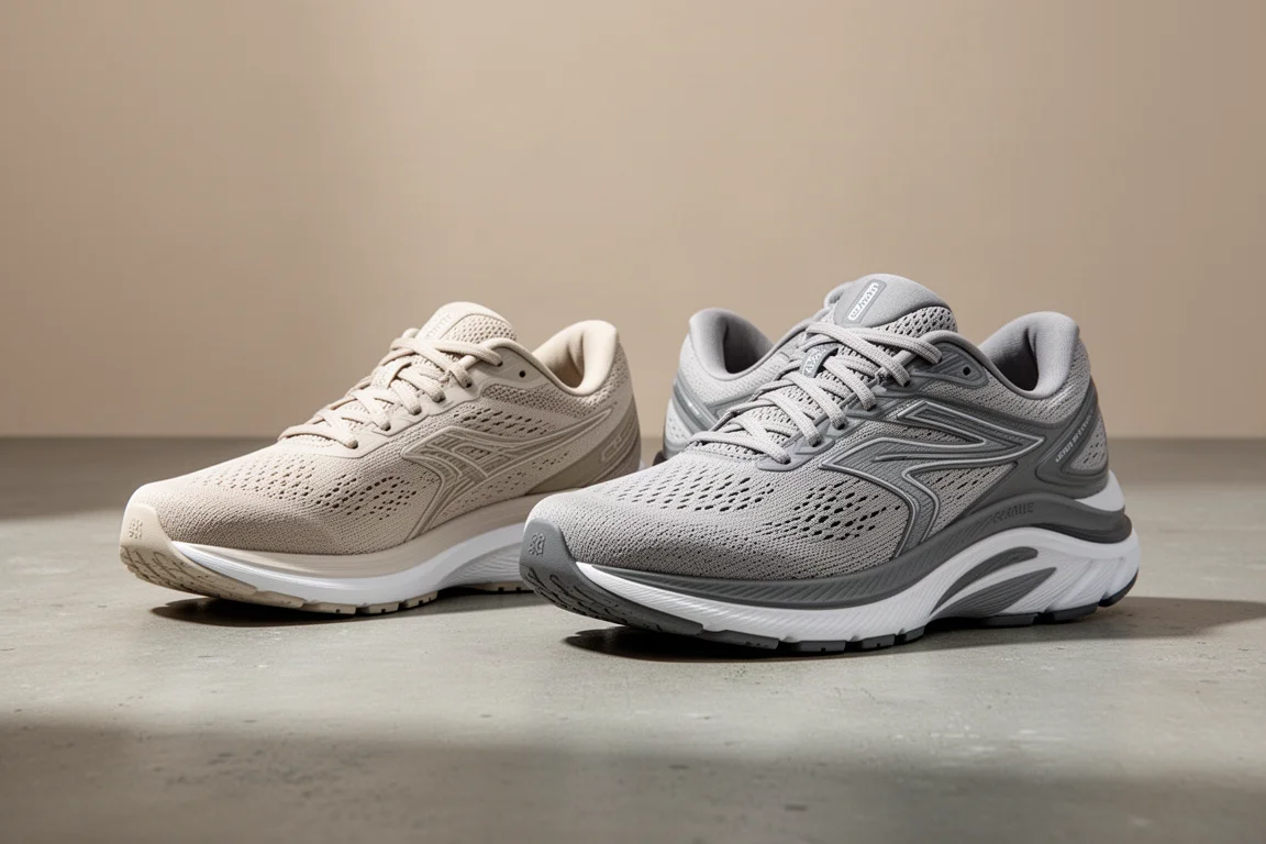 Saucony Triumph 24 and Hurricane 26 running shoes side by side on concrete