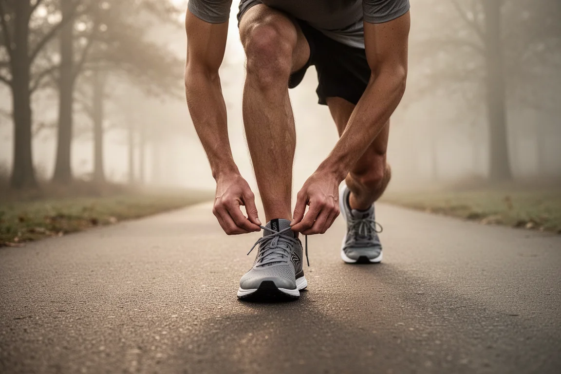 Runner stretching on a quiet suburban path in soft morning light