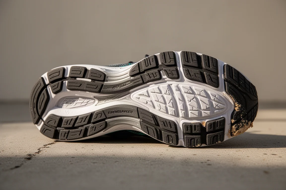 Close-up of a worn running shoe outsole showing tread pattern