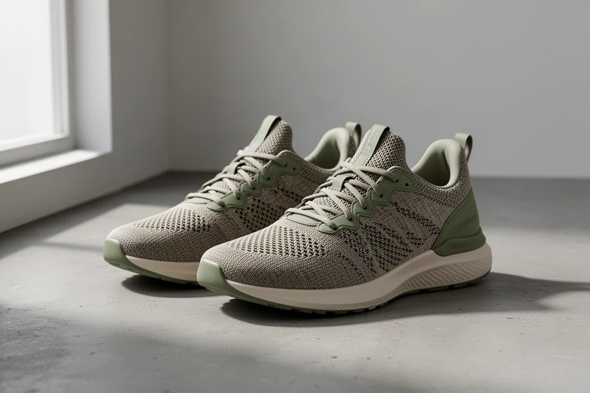Cushioned eco running shoes with cotton upper on a concrete surface