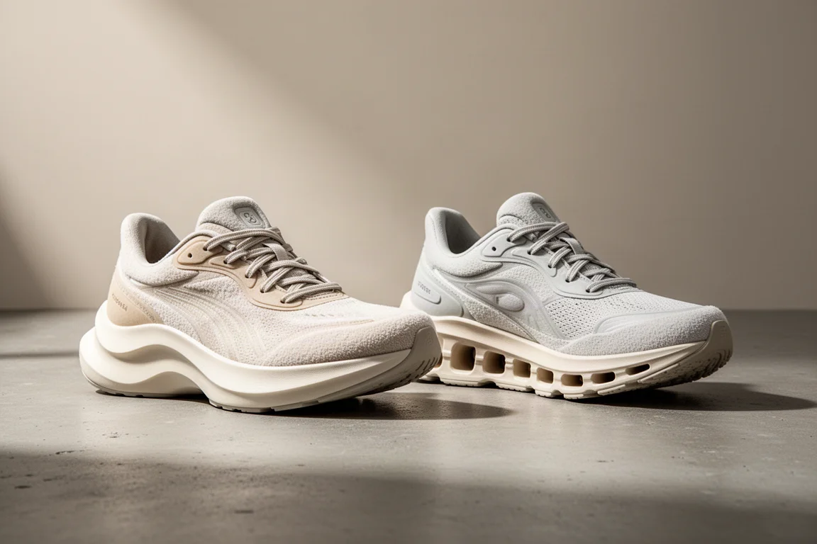 Two max cushion running shoes side by side on a concrete surface