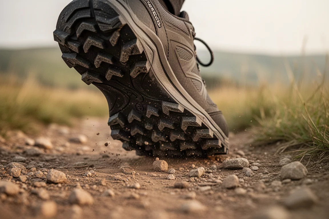 Primer plano de la suela de una zapatilla de trail con tacos de 4mm agarrándose a una superficie de grava