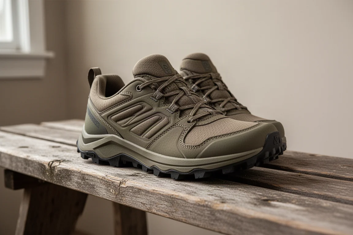 Empeine acolchado y lengüeta de una zapatilla de trail fotografiados sobre un banco de madera